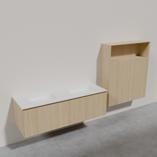 Balmani Fila zwevend badkamermeubel 150 x 55 cm fineer naturel eiken met Tablo Arcato wastafel in Solid Surface mat wit en Fila badkamerkast