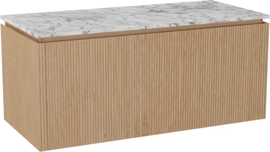 Balmani Eclips meuble salle de bains suspendu 120 x 55 cm Chêne naturelle avec Stretto tablette simple ou double en Marbre Carrare, Nervure droite symétrique verticale