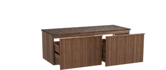 Balmani Forma hängendes Möbelstück Set: 135 x 55 cm, Amerikanischer Nussbaum, mit Stretto Einzel- oder Doppel Waschtischplatte, Marmor, Dark Emperador, Vertikale asymmetrische Runde Rippe