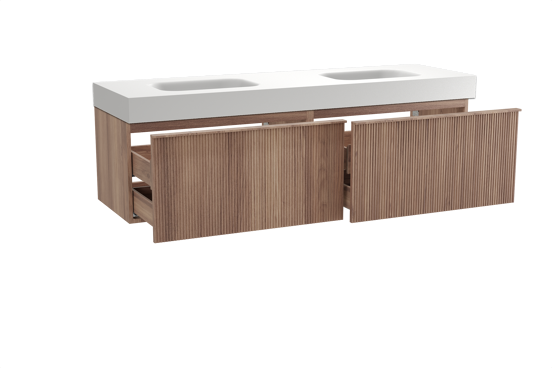 Balmani Forma zwevend badkamermeubel 180 x 55 cm teak met Arcato dubbele wastafel in solid surface mat wit, Verticale symmetrische rechte ribbel