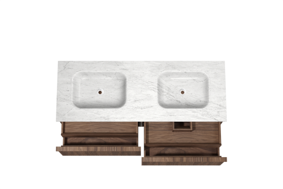 Balmani Forma zwevend badkamermeubel 150 x 55 cm amerikaanse notelaar met Tablo Arcato dubbele wastafel in marmer carrara, Verticale symmetrische rechte ribbel