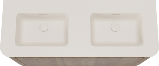 Storke Soft hängendes Möbelstück Set: 120 x 46 cm, Eiche rau, mit Mata Soft Doppelwaschtischplatte Solid Surface Beige Granit