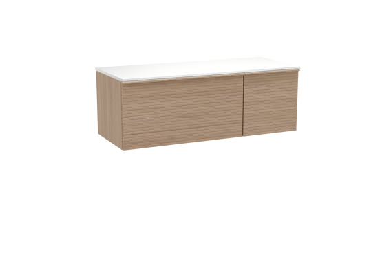 Balmani Forma meuble salle de bains suspendu 135 x 55 cm chêne naturel avec Stretto tablette simple ou double en solid surface blanc mat, Nervure droite symétrique horizontale