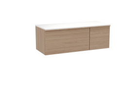 Balmani Forma zwevend badmeubel 135 x 55 cm naturel eiken met Stretto enkel of dubbel wastafelblad in solid surface mat wit, Horizontale symmetrische rechte ribbel