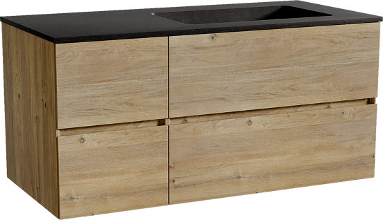 Storke Edge zwevend badmeubel 110 x 52 cm ruw eiken met Scuro asymmetrisch rechtse wastafel in kwarts mat zwart