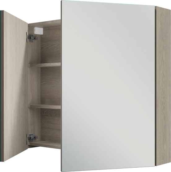 Linie Lado hängendes Möbelstück Set: 90 x 46 cm, Graue Eiche, mit Baro Einzelwaschtisch im Porzellan Weiß glänzend und Montro Spiegelschrank