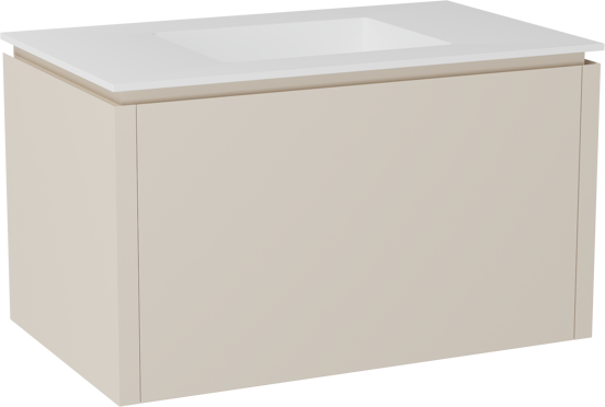 Balmani Eclips zwevend badkamermeubel 90 x 55 cm Sandbeige met Tablo Stretto enkele wastafel in Solid Surface mat wit