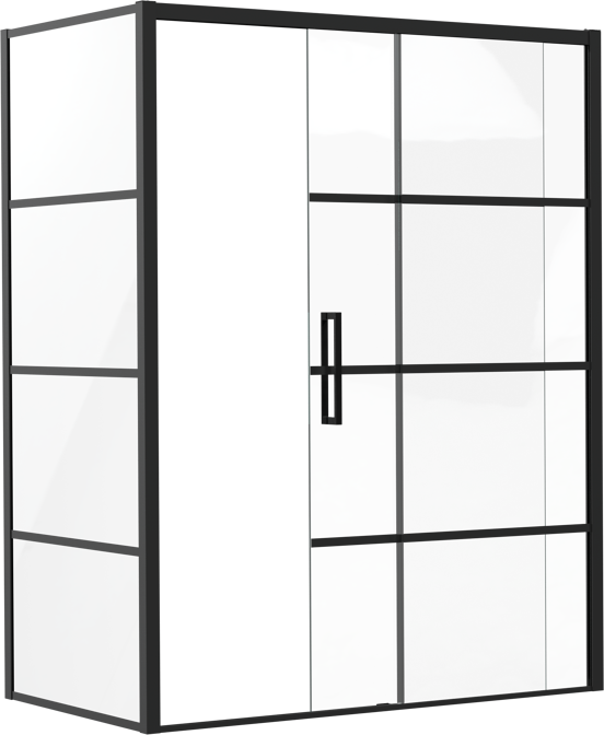 Luca Varess Senses Eckdusche: Schiebetür (rechts), fixierte Seitenwand, 160 x 90 cm, Lined Glas, Schwarzes Profil, matt
