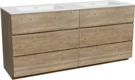 Storke Edge staand badkamermeubel 170 x 52 cm ruwe eik met Mata dubbele wastafel in solid surface mat wit