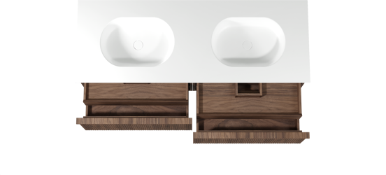 Balmani Forma zwevend badkamermeubel 150 x 55 cm amerikaanse notelaar met Tablo Oval dubbele wastafel in solid surface mat wit, Verticale symmetrische rechte ribbel