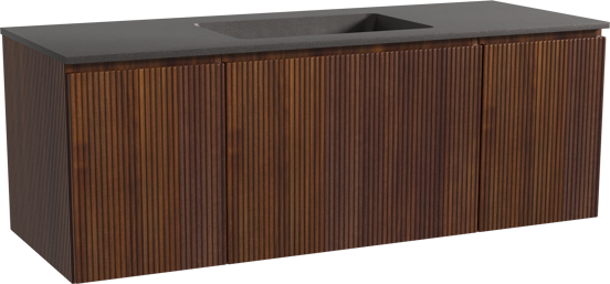 Storke Ribs hängendes Möbelstück Set: 135 x 52 cm, Nussbaum, mit Scuro Einzelwaschtisch, Quarz, Schwarz matt, Vertikale symmetrische gerade Rippe