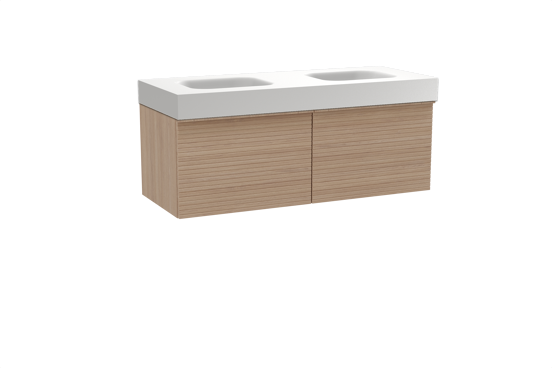 Balmani Forma hängendes Möbelstück Set: 135 x 55 cm, Naturbelassene Eiche, mit Arcato Doppelwaschtisch, Solid Surface, Weiß matt, Horizontale symmetrische gerade Rippe