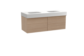 Balmani Forma hängendes Möbelstück Set: 135 x 55 cm, Naturbelassene Eiche, mit Arcato Doppelwaschtisch, Solid Surface, Weiß matt, Horizontale symmetrische gerade Rippe