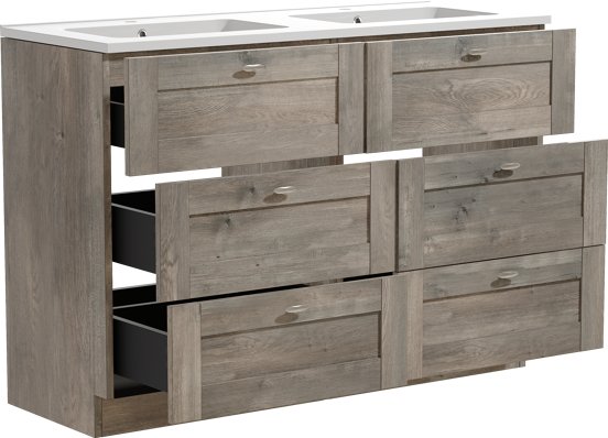 Linie Classo staand badkamermeubel 120 x 46 cm grijze eik met Vano dubbele wastafel in composietmarmer glanzend wit