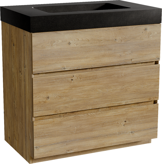 Storke Edge meuble salle de bains à poser 85 x 52 cm chêne brut avec Scuro High plan simple en quartz noir mat