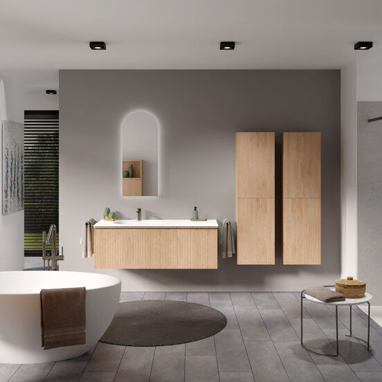 Balmani Forma meuble salle de bains suspendu 135 x 55 cm chêne naturel avec Tablo Oval vasque asymétrique gauche en solid surface blanc mat, Nervure droite symétrique verticale