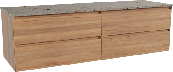 Balmani Mitra zwevend badkamermeubel 180 x 55 cm teak met Stretto enkel of dubbel tablet in terrazzo greige terrazzo