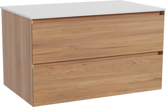 Balmani Mitra zwevend badkamermeubel 90 x 55 cm teak met Stretto enkel tablet in solid surface mat wit