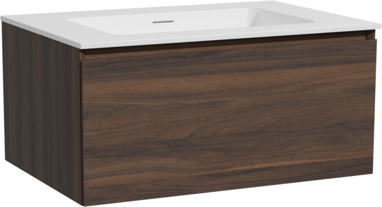 Storke Edge zwevend badkamermeubel 75 x 52 cm notelaar met Mata enkele wastafel in solid surface mat wit