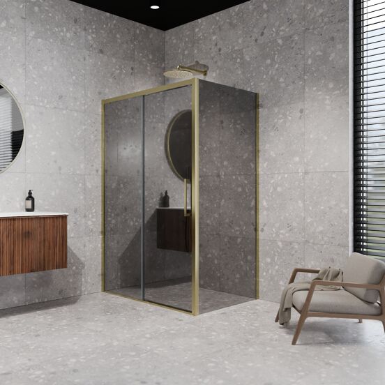 Balmani Senses Design douchehoek met linkse schuifdeur en vaste zijwand, 160 x 100 cm, Reflex spiegelglas, Brushed Champagne Gold profielen
