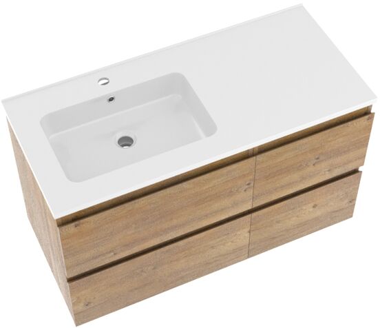 Linie Lado zwevend badmeubel 100 x 46 cm naturel eiken met Vano asymmetrisch linkse wastafel in composietmarmer hoogglans wit