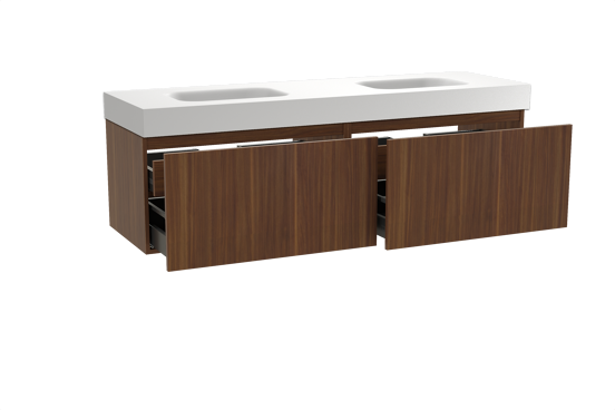 Balmani Sfera zwevend badkamermeubel 180 x 55 cm amerikaanse notelaar met Arcato dubbele wastafel in solid surface mat wit