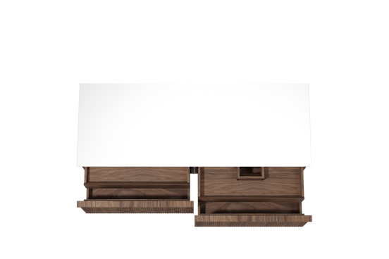 Balmani Forma hängendes Möbelstück Set: 150 x 55 cm, Amerikanischer Nussbaum, mit Stretto Einzel- oder Doppel Waschtischplatte, Solid Surface, Weiß matt, Vertikale symmetrische gerade Rippe