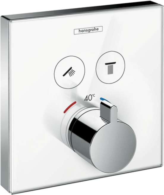 Hansgrohe Showerselect Glass Thermostat-Duscharmatur: Unterputz, für 2 Verbraucher, Chrom und Weiß glänzend