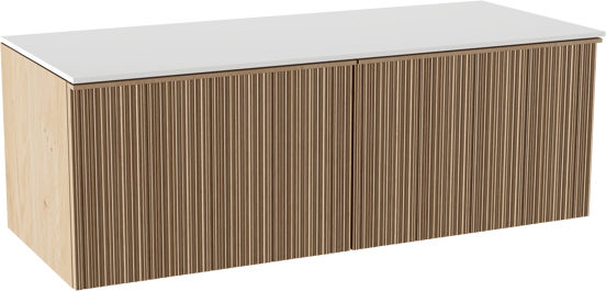 Balmani Forma hängendes Möbelstück Set: 135 x 55 cm, Naturbelassene Eiche, mit Stretto Einzel- oder Doppel Waschtischplatte, Solid Surface, Weiß matt, Vertikale asymmetrische Runde Rippe