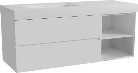 Storke Edge zwevend badkamermeubel 140 x 52 cm glanzend wit met Mata High asymmetrisch linkse wastafel in solid surface mat wit