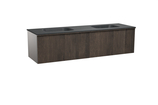 Balmani Forma hängendes Möbelstück Set: 180 x 55 cm, Geräucherte Eiche, mit Tablo Arcato Doppelwaschtisch, Granit, Schwarzes Granit, Vertikale symmetrische gerade Rippe