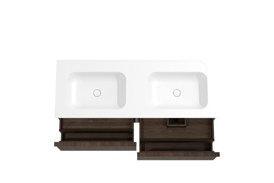 Balmani Forma meuble salle de bains suspendu 150 x 55 cm chêne fumé avec Tablo Strada double vasque en marbre composite blanc mat, Nervure droite symétrique verticale