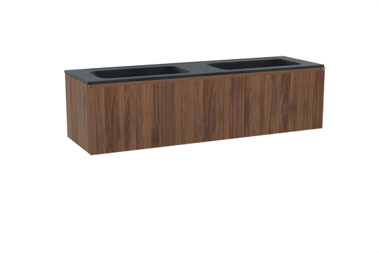 Balmani Fila zwevend badkamermeubel 180 x 55 cm notelaar met Tablo Strada dubbele wastafel in composietmarmer mat zwart, Verticale symmetrische rechte ribbel
