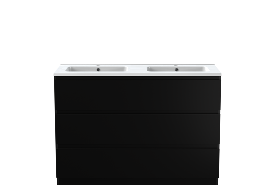 Linie Lado staand badmeubel 120 x 46 cm mat zwart met Vano dubbele wastafel in composietmarmer hoogglans wit