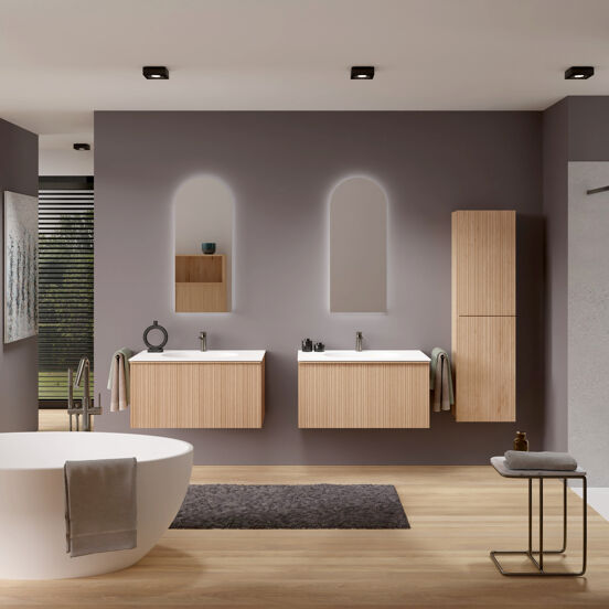 Balmani Forma meuble salle de bains suspendu 90 x 55 cm chêne naturel avec Tablo Oval plan simple en solid surface blanc mat, Nervure circulaire asymétrique verticale