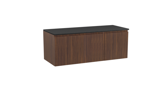 Storke Ribs zwevend badmeubel 130 x 52 cm notenhout met Panton enkel of dubbel wastafelblad in gepoedercoate mdf mat zwart, Verticale symmetrische rechte ribbel