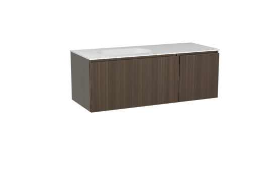 Balmani Sfera meuble salle de bains suspendu 135 x 55 cm eucalyptus avec Tablo Oval plan vasque asymétrique à gauche en solid surface blanc mat