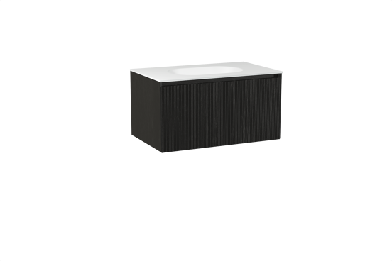 Balmani Fila hängendes Möbelstück Set: 90 x 55 cm, Schwarze Eiche, mit Tablo Oval Einzelwaschtisch, Solid Surface, Weiß matt, Vertikale symmetrische gerade Rippe