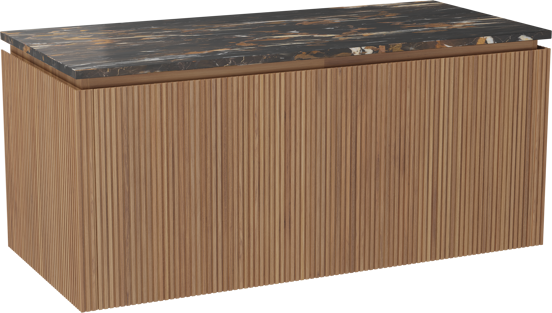 Balmani Eclips meuble salle de bains suspendu 120 x 55 cm Teck avec Stretto tablette simple en Portoro Gold marbre, Nervure droite symétrique verticale