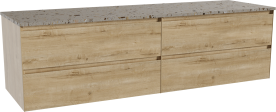 Balmani Mitra zwevend badkamermeubel 180 x 55 cm ruwe eik met Stretto enkel of dubbel tablet in terrazzo greige terrazzo