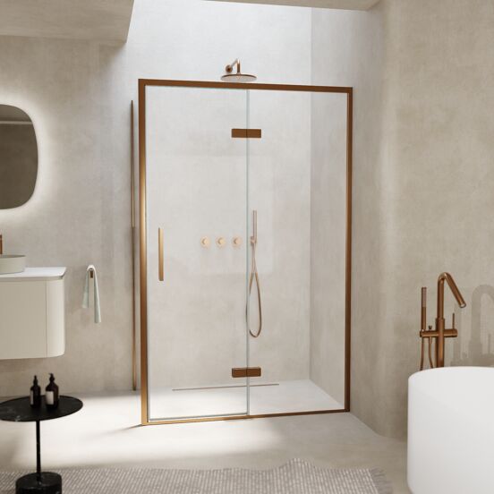 Balmani Senses Design Eckdusche: Drehtür (Rechts) mit fixierte Seitenwand, 120 x 100 cm, Klarglas, Profil Brushed Rosegold, inklusive Coating