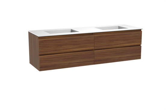 Balmani Lucida zwevend badkamermeubel 180 x 55 cm amerikaanse notelaar met Tablo Stretto dubbele wastafel in solid surface mat wit
