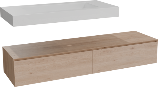 Balmani Mitra Elements meuble salle de bains suspendu 180 x 55 cm chêne naturel avec Dominus lavabo simple pour 2 trous de robinet 120 cm en solid surface blanc mat