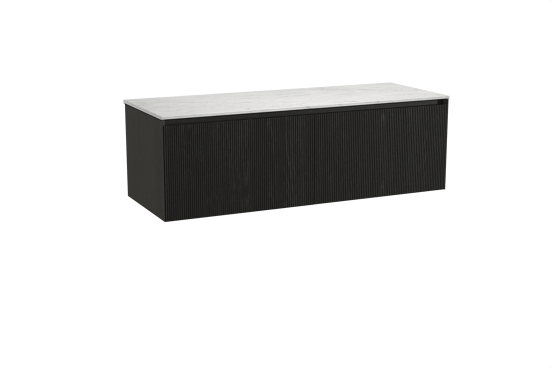 Balmani Fila hängendes Möbelstück Set: 150 x 55 cm, Schwarze Eiche, mit Stretto Einzel- oder Doppel Waschtischplatte, Marmor, Carrara, Vertikale symmetrische gerade Rippe
