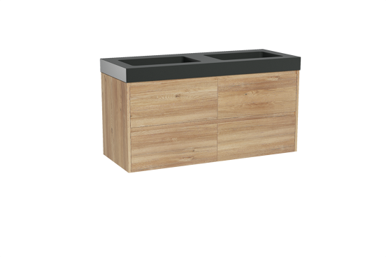 Storke Seda zwevend badmeubel 130 x 52 cm ruw eiken met Scuro High dubbele wastafel in kwarts mat zwart