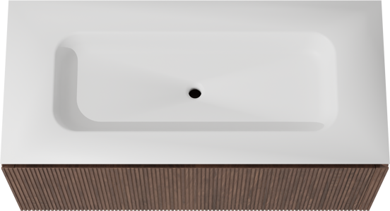 Balmani Eclips zwevend badkamermeubel 120 x 55 cm Amerikaanse notelaar met Eclips enkele wastafel in Solid Surface mat wit, Verticale symmetrische rechte ribbel