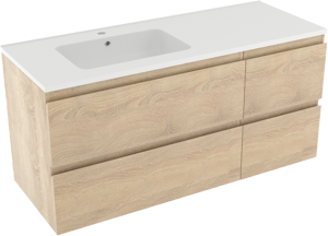 Linie Lado meuble salle de bains suspendu 120 x 46 cm chêne blanc avec Vano vasque asymétrique gauche en marbre composite blanc mat