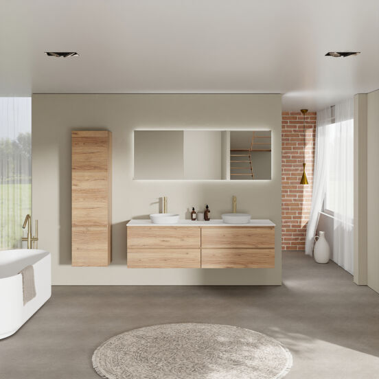 Balmani Lucida meuble salle de bains suspendu 180 x 55 cm teck avec Stretto tablette simple ou double en solid surface blanc mat