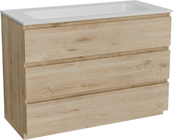 Balmani Lucida freistehendes Möbelstück Set: 120 x 55 cm, Rohe Eiche, mit Tablo Strada Einzelwaschtisch, Marmorkomposit Weiß matt