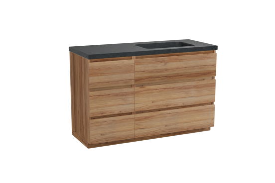 Balmani Lucida staand badkamermeubel 135 x 55 cm teak met Napoli asymmetrisch rechtse wastafel in graniet zwart
